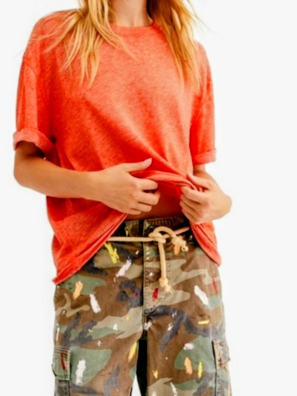 Free People We The Free Relaxed Fit Cassidy Oversized In Poppy Raw Hem Tee M,EUC